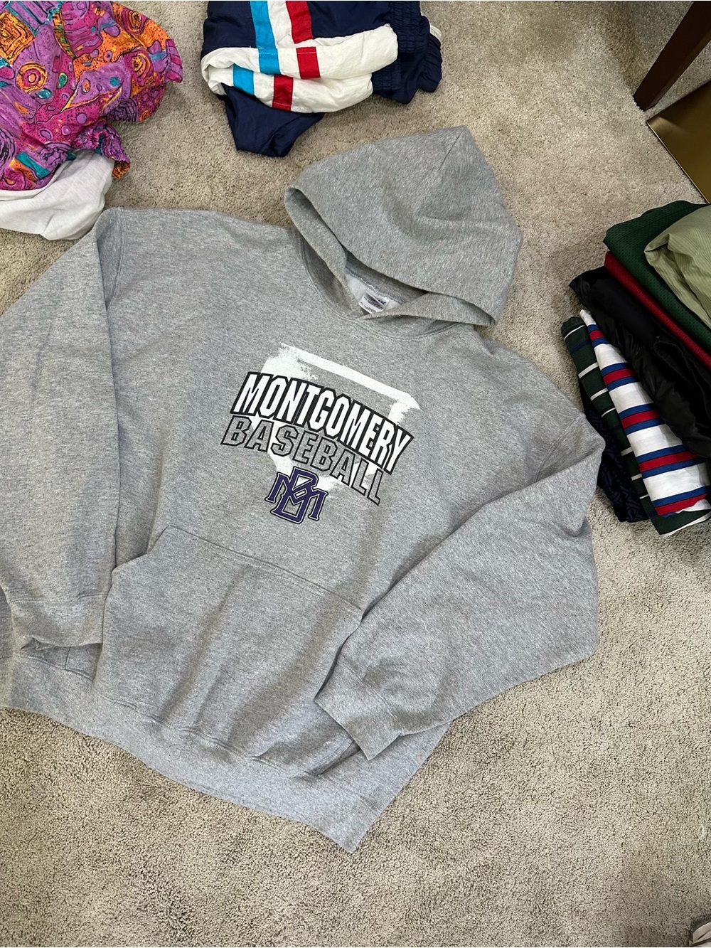 Gildan Gray Montgomery Baseball Hoodie with Navy Accent